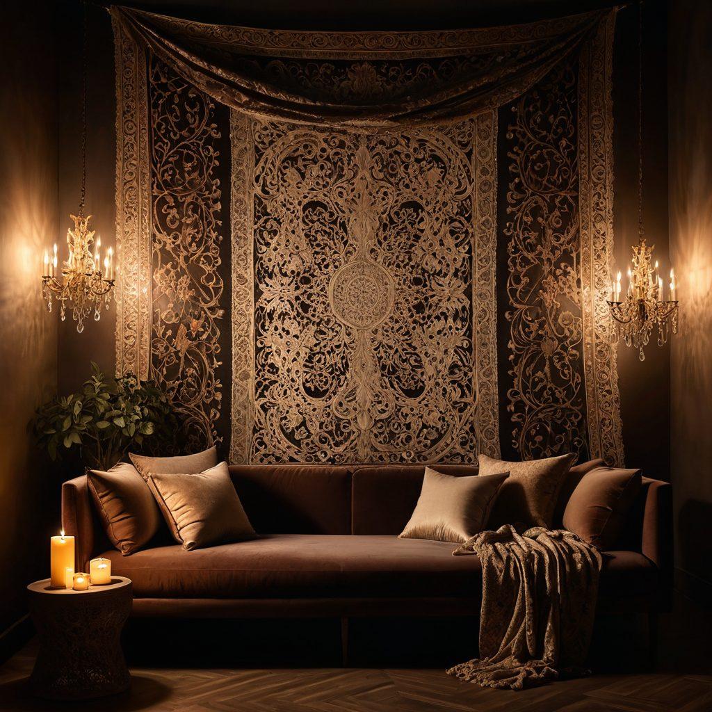 A visually captivating scene showcasing a subtle fusion of elegance and sensuality, featuring a dimly lit, luxurious room adorned with rich tapestries and soft velvet cushions. The central focus is an abstract representation of intertwined bodies, expressing intimacy and allure without explicitness, surrounded by hints of erotic symbols like delicate lace and soft candlelight. Incorporate warm, inviting colors and shadows to evoke a sense of mystery and pleasure. super-realistic. warm tones. moody lighting.