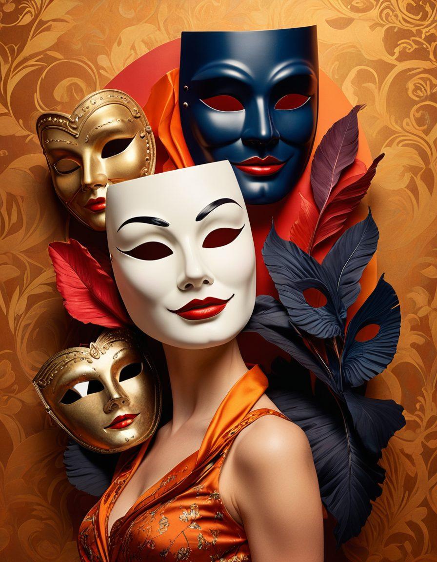 A sophisticated and vibrant collage depicting the diverse aspects of mature content, featuring silhouettes of iconic entertainment symbols like theater masks, film reels, and erotic literature, set against a backdrop of a rich, warm color palette. Include subtle textures and patterns to suggest depth and intrigue. Integrate a tasteful balance of symbols suggesting sensuality and empowerment. The overall composition should be inviting yet respectful, appealing to an adult audience. vibrant colors. 3D.